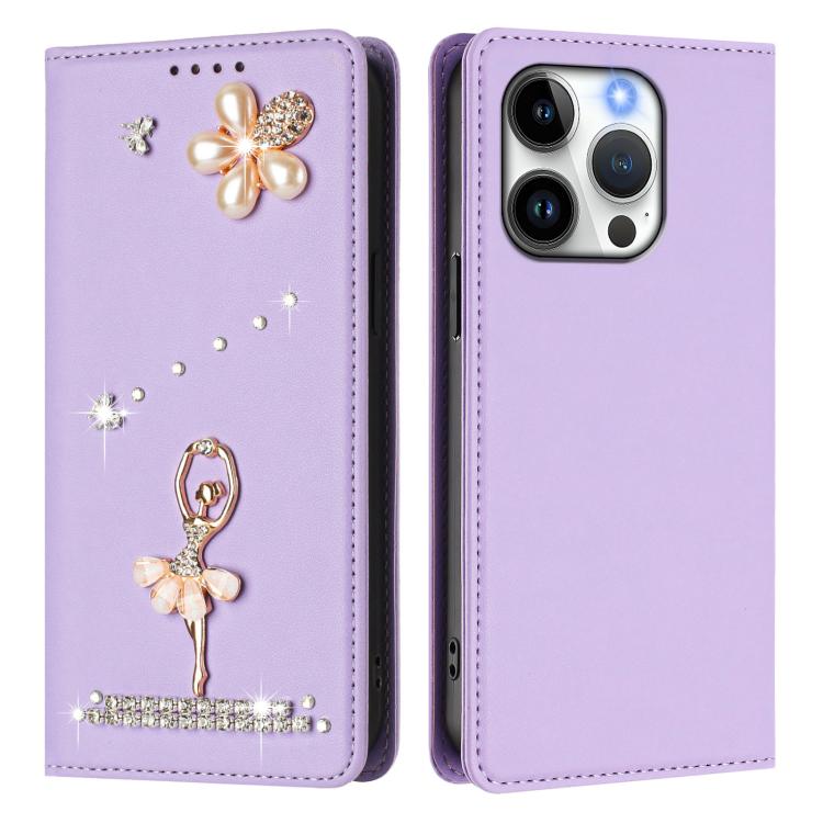 For iPhone 15 Pro Ballet Girl Diamond Studded RFID Vegan Leather Phone Case