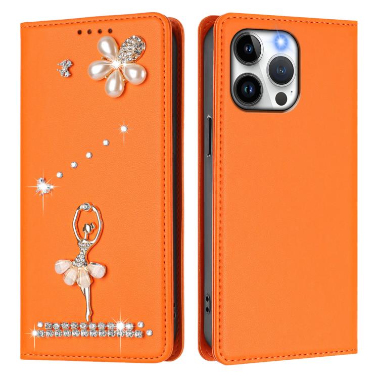 For iPhone 15 Pro Max Ballet Girl Diamond Studded RFID Vegan Leather Phone Case