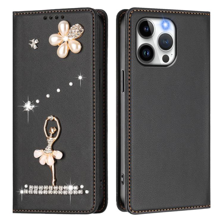For iPhone 15 Pro Max Ballet Girl Diamond Studded RFID Vegan Leather Phone Case