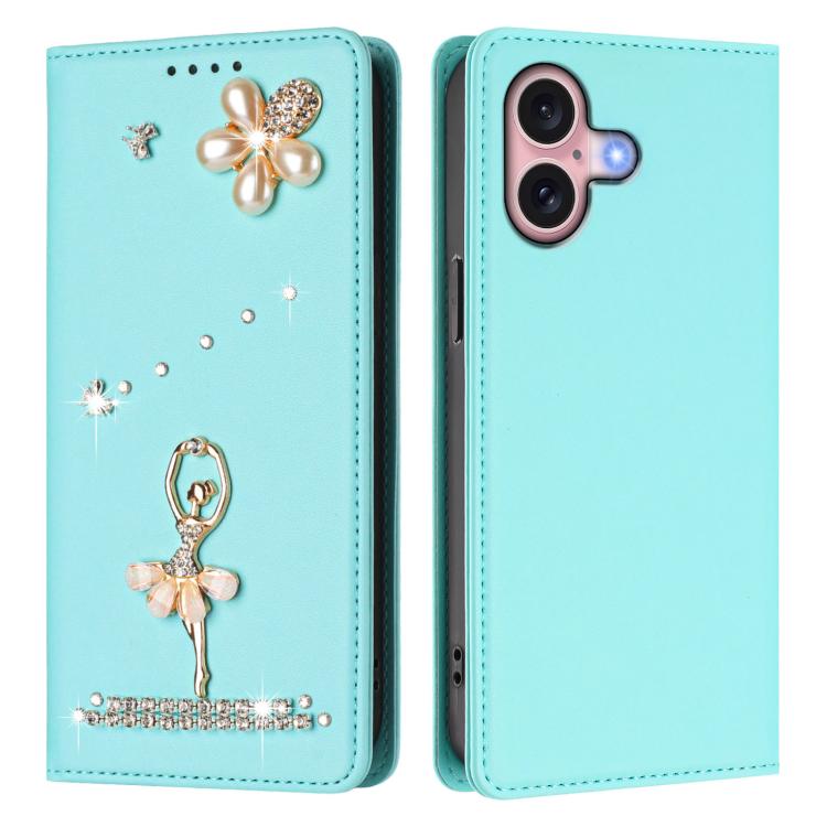 For iPhone 16 Ballet Girl Diamond Studded RFID Vegan Leather Phone Case