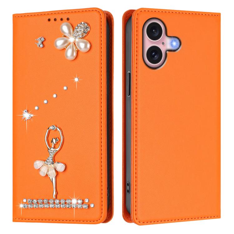 For iPhone 16 Ballet Girl Diamond Studded RFID Vegan Leather Phone Case