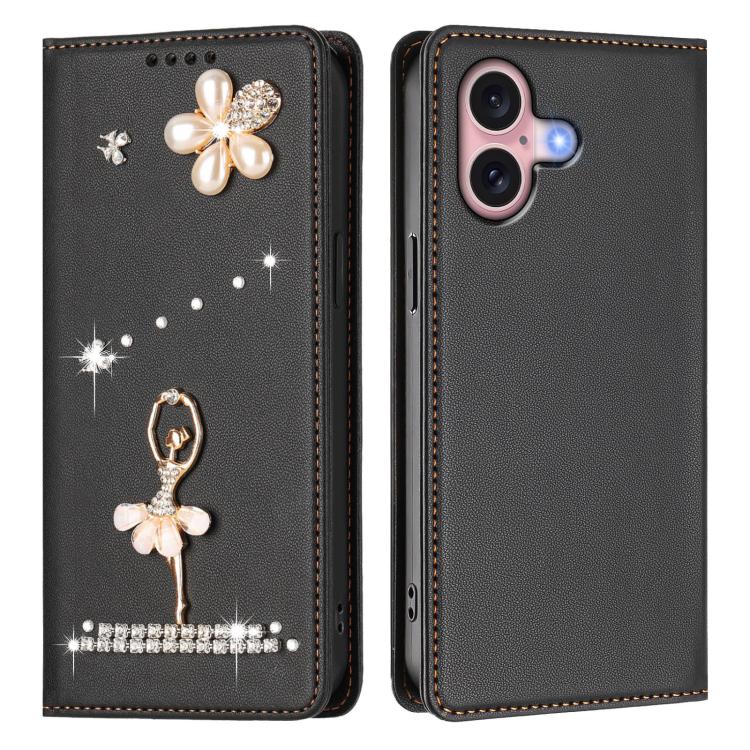For iPhone 16 Ballet Girl Diamond Studded RFID Vegan Leather Phone Case