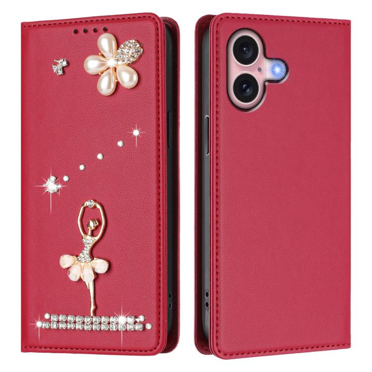 For iPhone 16 Ballet Girl Diamond Studded RFID Vegan Leather Phone Case