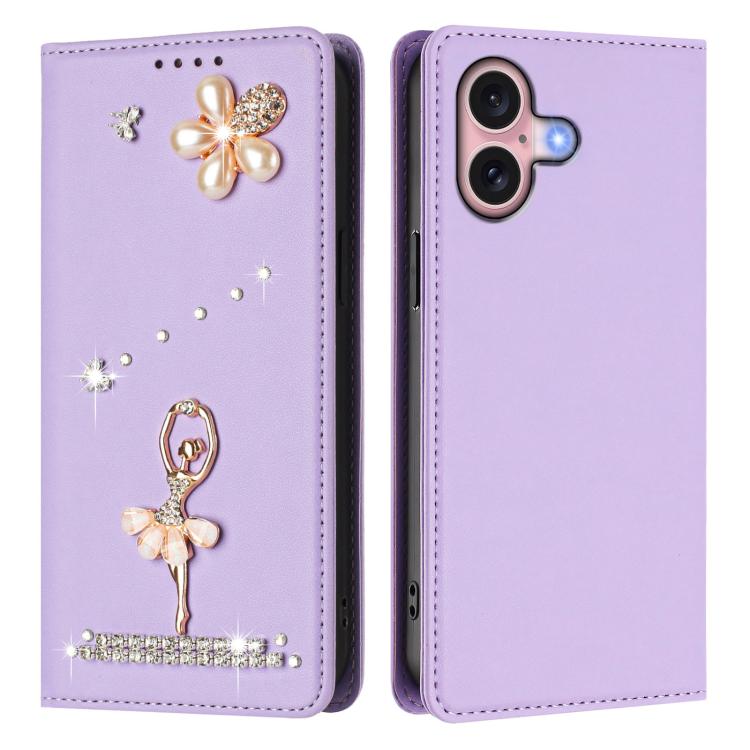 For iPhone 16 Ballet Girl Diamond Studded RFID Vegan Leather Phone Case