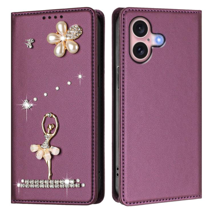 For iPhone 16 Ballet Girl Diamond Studded RFID Vegan Leather Phone Case