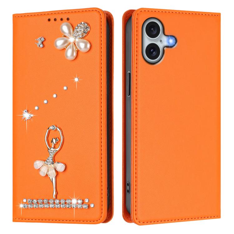 For iPhone 16 Plus Ballet Girl Diamond Studded RFID Vegan Leather Phone Case