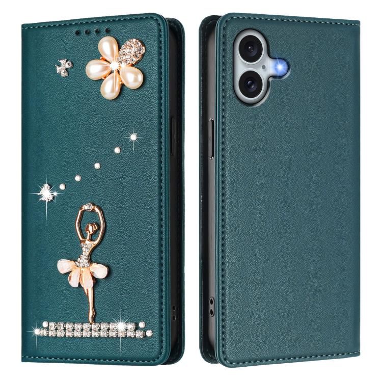 For iPhone 16 Plus Ballet Girl Diamond Studded RFID Vegan Leather Phone Case