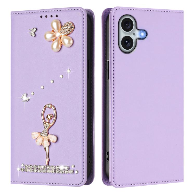 For iPhone 16 Plus Ballet Girl Diamond Studded RFID Vegan Leather Phone Case