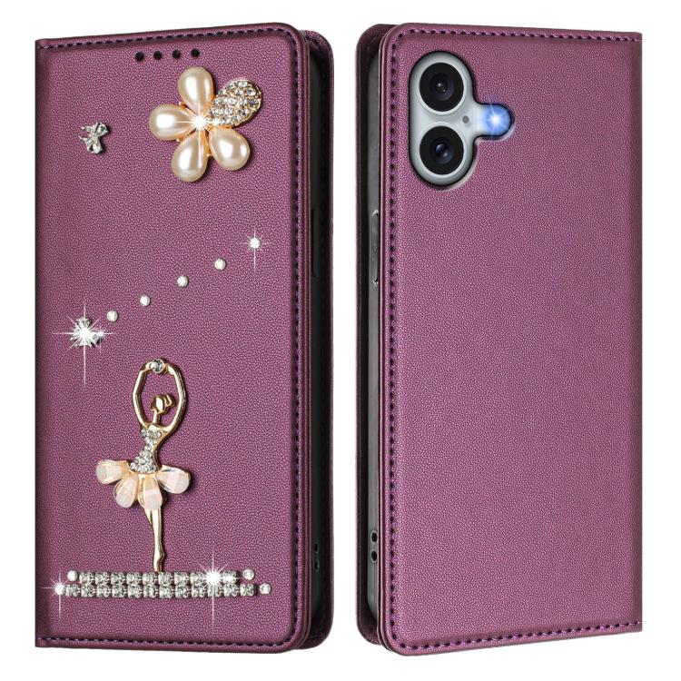 For iPhone 16 Plus Ballet Girl Diamond Studded RFID Vegan Leather Phone Case