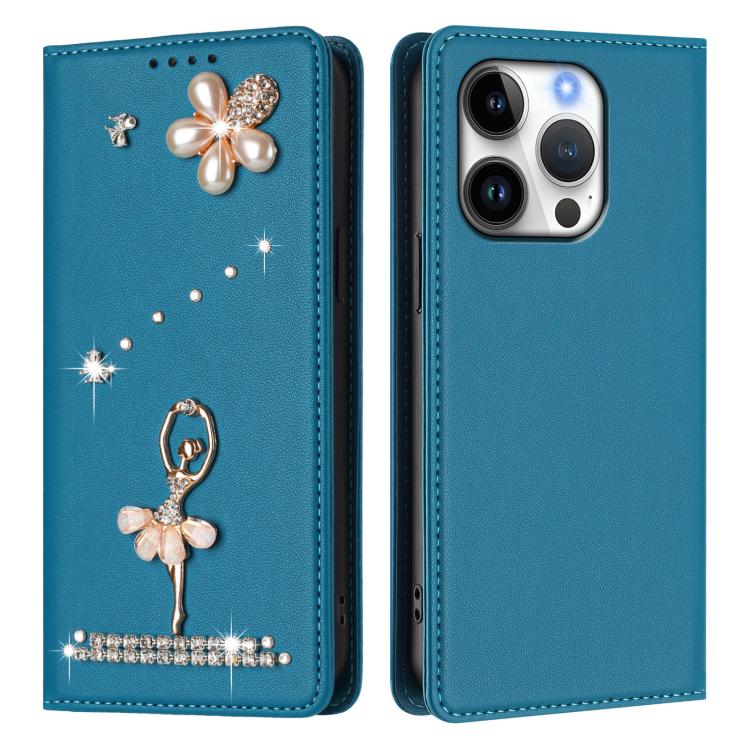 For iPhone 16 Pro Ballet Girl Diamond Studded RFID Vegan Leather Phone Case