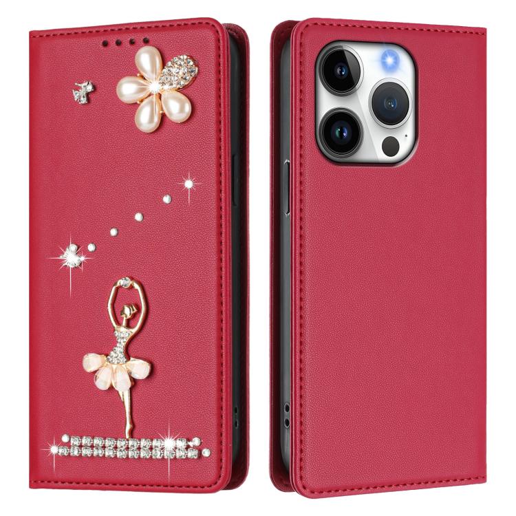 For iPhone 16 Pro Ballet Girl Diamond Studded RFID Vegan Leather Phone Case