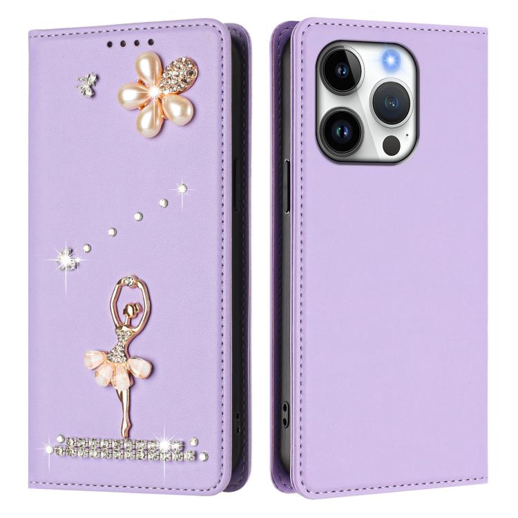 For iPhone 16 Pro Ballet Girl Diamond Studded RFID Vegan Leather Phone Case