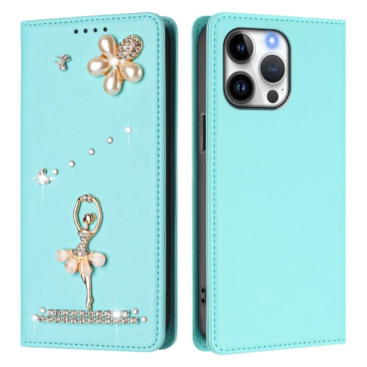 For iPhone 16 Pro Max Ballet Girl Diamond Studded RFID Vegan Leather Phone Case