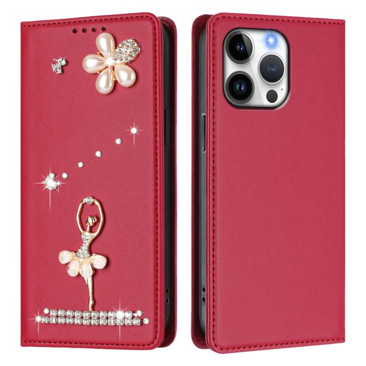For iPhone 16 Pro Max Ballet Girl Diamond Studded RFID Vegan Leather Phone Case