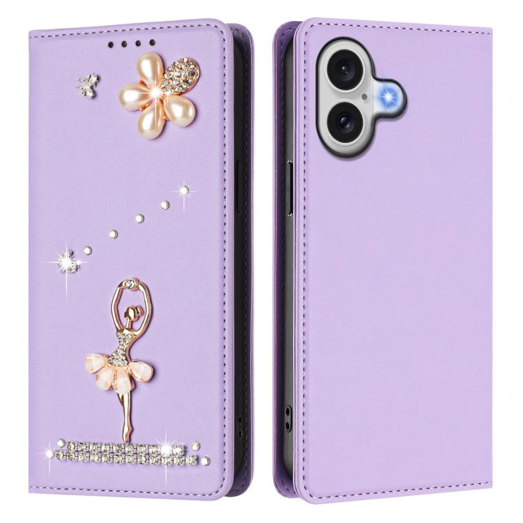 For iPhone 17 Ballet Girl Diamond Studded RFID Vegan Leather Phone Case