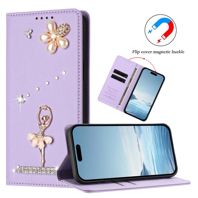 For iPhone 17 Ballet Girl Diamond Studded RFID Vegan Leather Phone Case