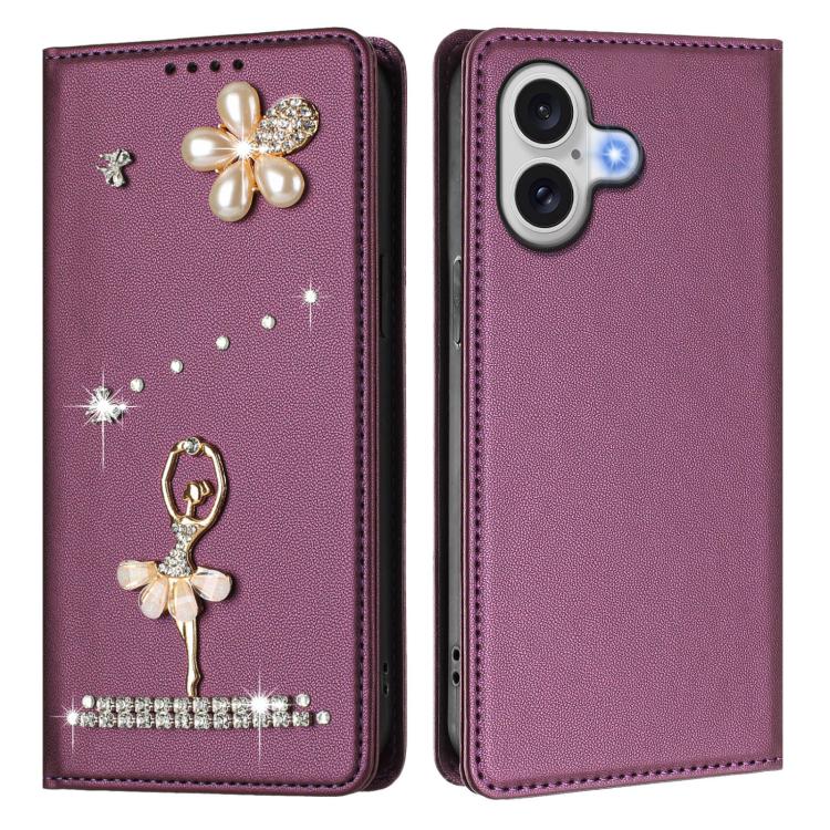 For iPhone 17 Ballet Girl Diamond Studded RFID Vegan Leather Phone Case