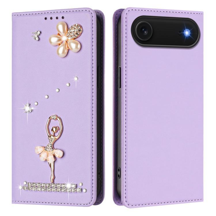 For iPhone Air Ballet Girl Diamond Studded RFID Vegan Leather Phone Case