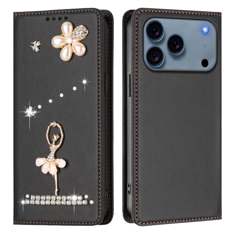 For iPhone 17 Pro Ballet Girl Diamond Studded RFID Vegan Leather Phone Case