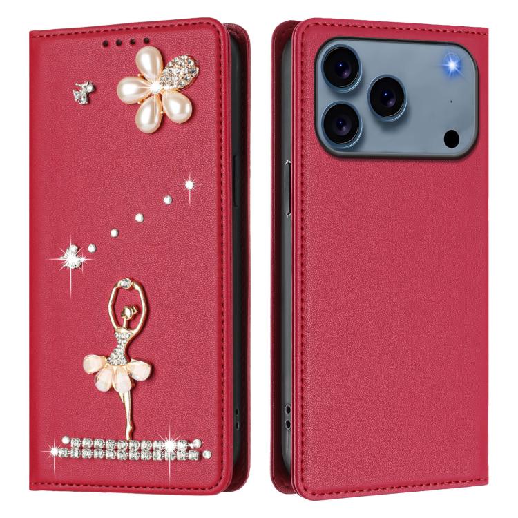 For iPhone 17 Pro Ballet Girl Diamond Studded RFID Vegan Leather Phone Case