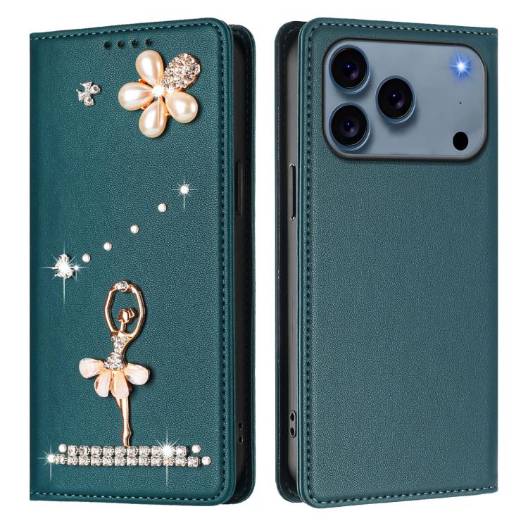 For iPhone 17 Pro Ballet Girl Diamond Studded RFID Vegan Leather Phone Case