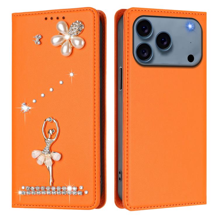 For iPhone 17 Pro Max Ballet Girl Diamond Studded RFID Vegan Leather Phone Case