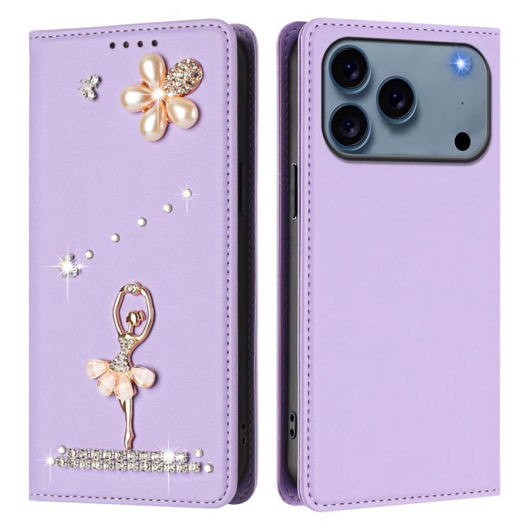For iPhone 17 Pro Max Ballet Girl Diamond Studded RFID Vegan Leather Phone Case