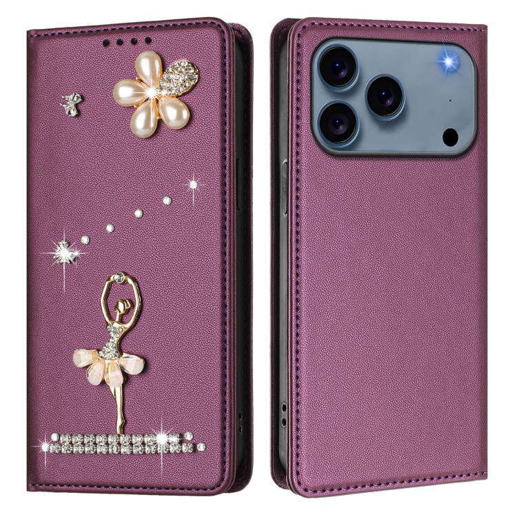 For iPhone 17 Pro Max Ballet Girl Diamond Studded RFID Vegan Leather Phone Case