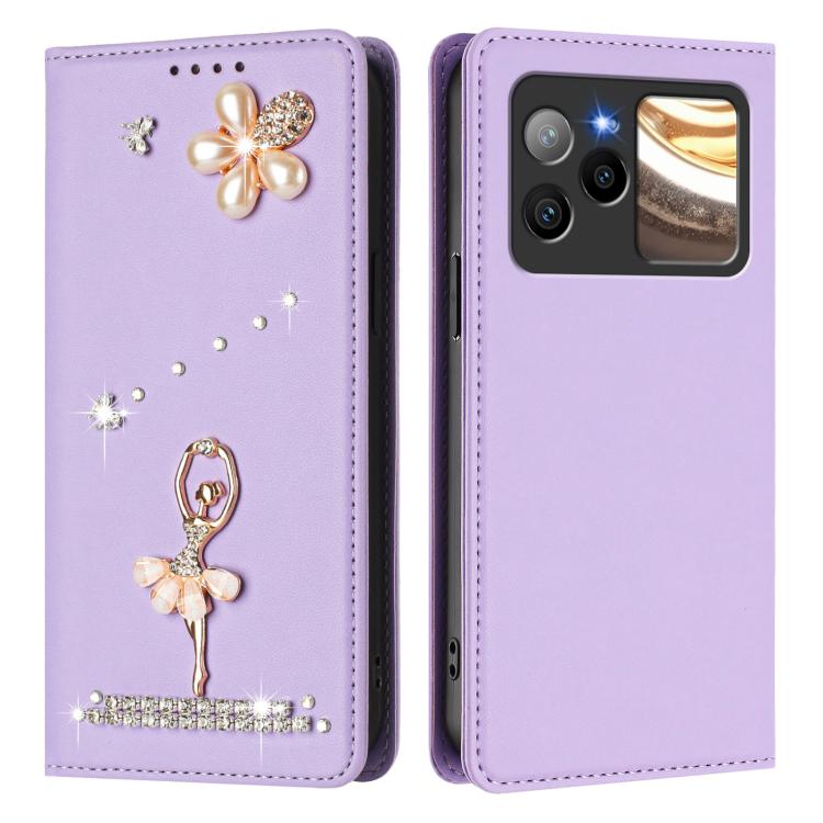 For BLU Bold N4 Ballet Girl Diamond Studded RFID Vegan Leather Phone Case