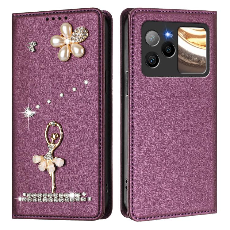 For BLU Bold N4 Ballet Girl Diamond Studded RFID Vegan Leather Phone Case