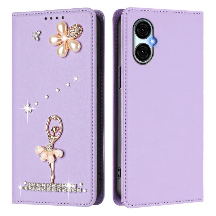 For BLU G53 Ballet Girl Diamond Studded RFID Vegan Leather Phone Case