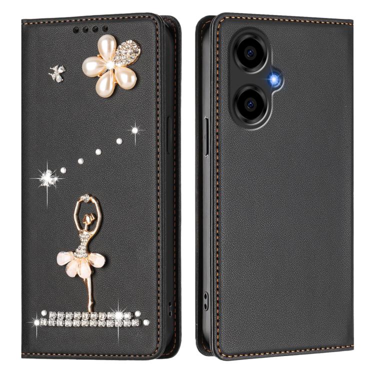 For BLU G64 Ballet Girl Diamond Studded RFID Vegan Leather Phone Case