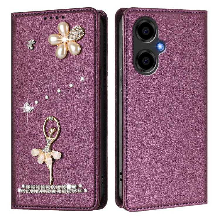 For BLU G64 Ballet Girl Diamond Studded RFID Vegan Leather Phone Case
