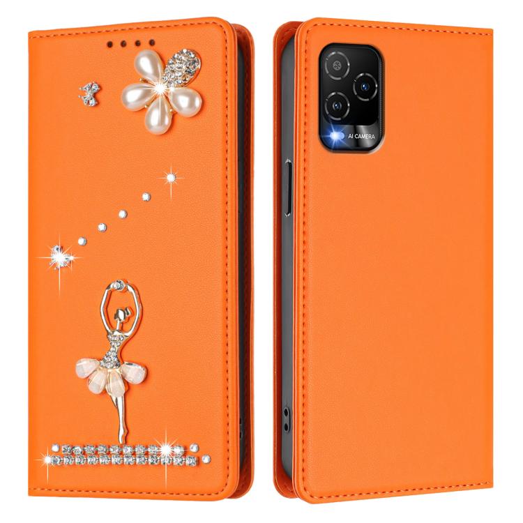 For BLU View 5 Pro Ballet Girl Diamond Studded RFID Vegan Leather Phone Case