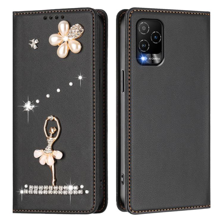 For BLU View 5 Pro Ballet Girl Diamond Studded RFID Vegan Leather Phone Case