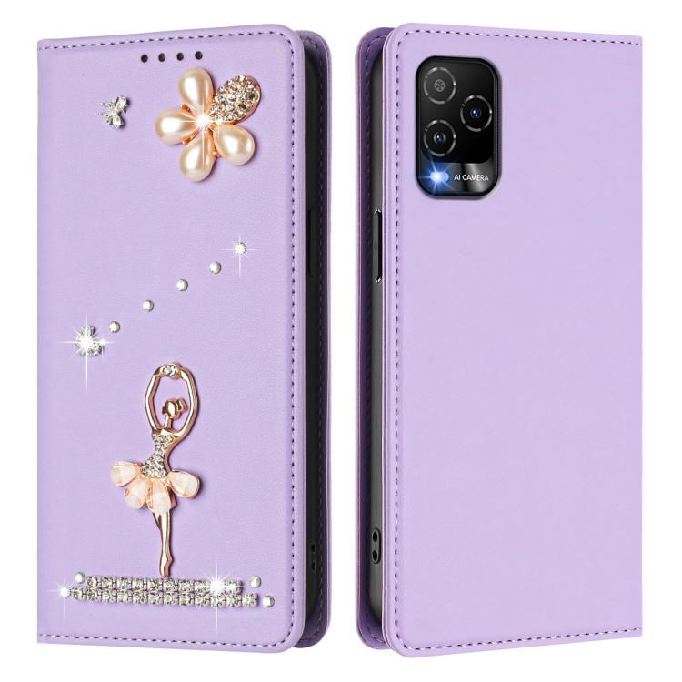 For BLU View 5 Pro Ballet Girl Diamond Studded RFID Vegan Leather Phone Case