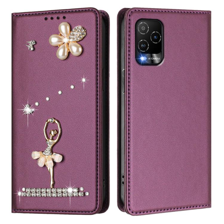 For BLU View 5 Pro Ballet Girl Diamond Studded RFID Vegan Leather Phone Case