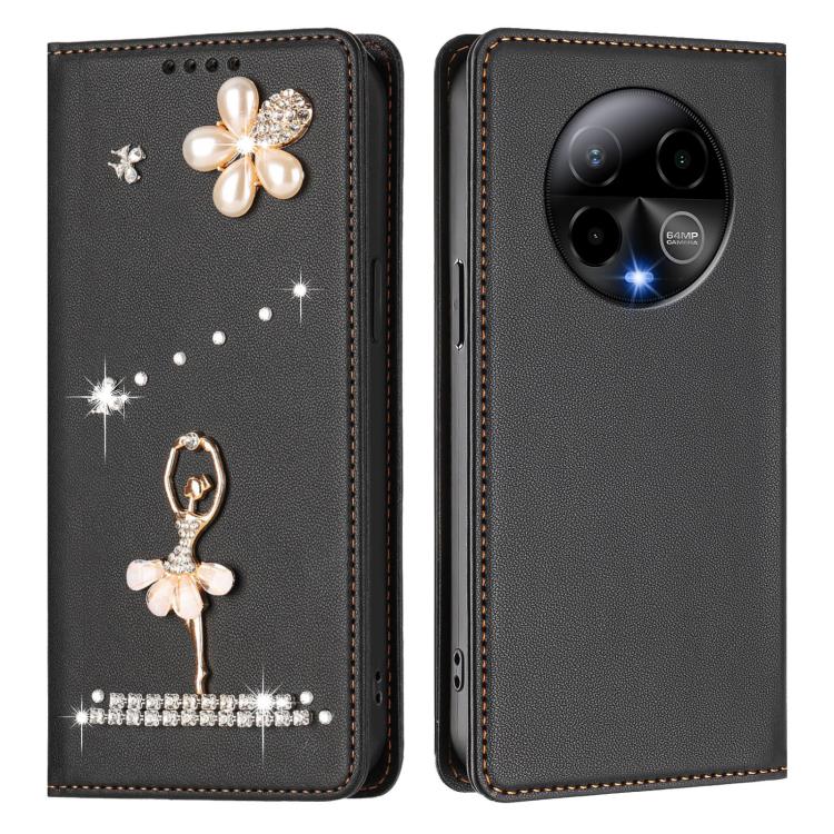 For BLU Bold K50 Ballet Girl Diamond Studded RFID Vegan Leather Phone Case