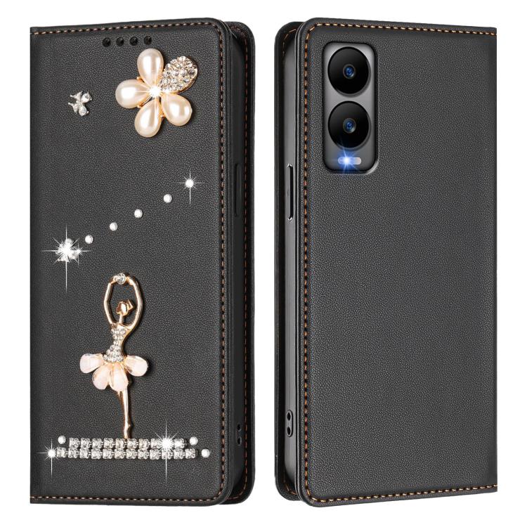 For Cricket Debut S3 Ballet Girl Diamond Studded RFID Vegan Leather Phone Case