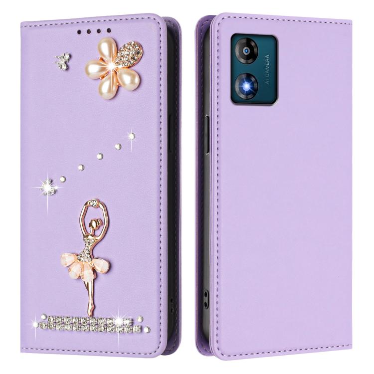 For Motorola Moto E13 Ballet Girl Diamond Studded RFID Vegan Leather Phone Case