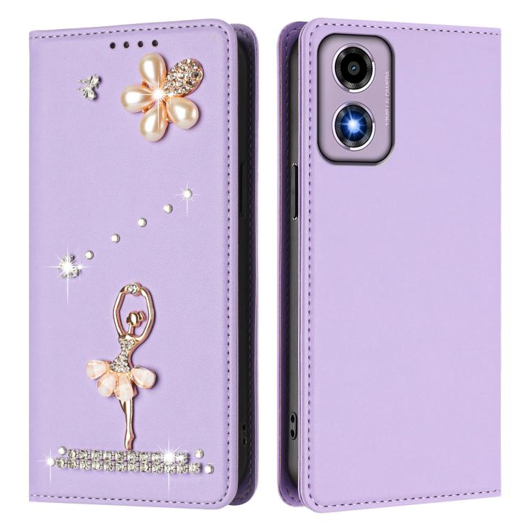 For Motorola Moto G24 4G / E14 4G / G04 Ballet Girl Diamond Studded RFID Vegan Leather Phone Case