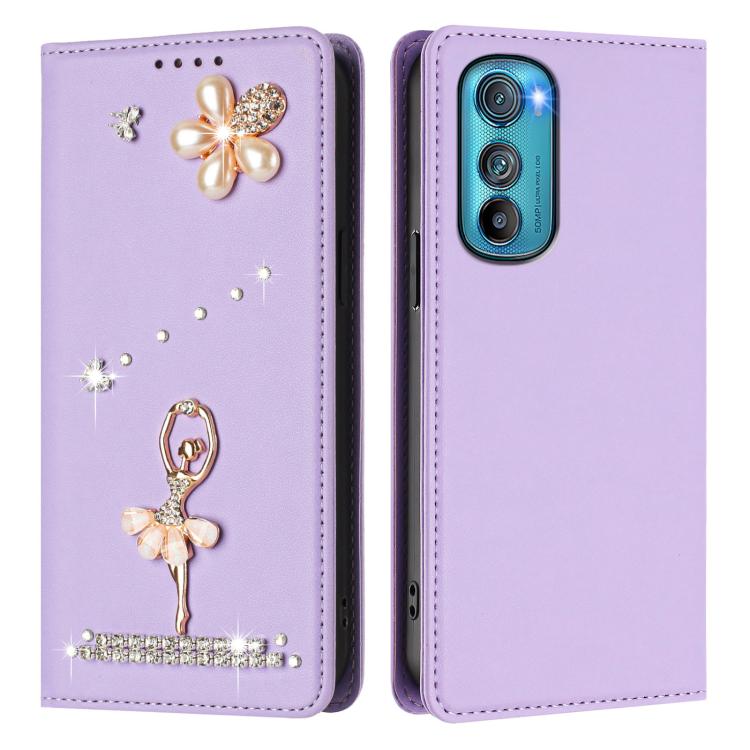 For Motorola Edge 30 Ballet Girl Diamond Studded RFID Vegan Leather Phone Case