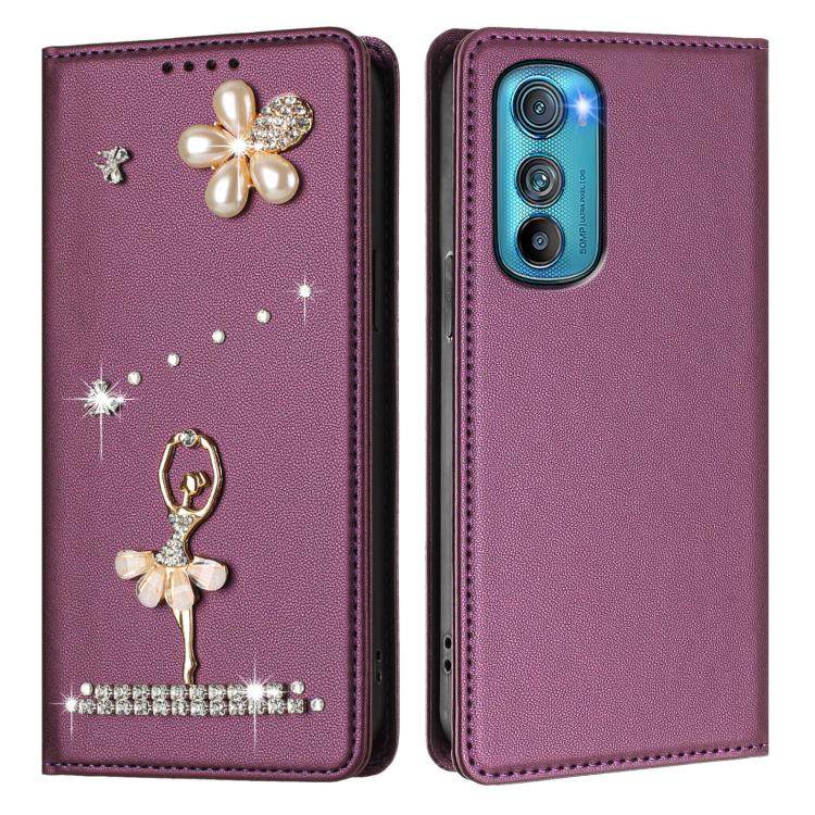 For Motorola Edge 30 Ballet Girl Diamond Studded RFID Vegan Leather Phone Case