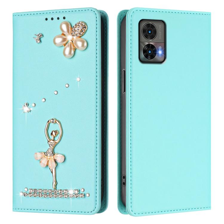For Motorola Edge 30 Neo Ballet Girl Diamond Studded RFID Vegan Leather Phone Case