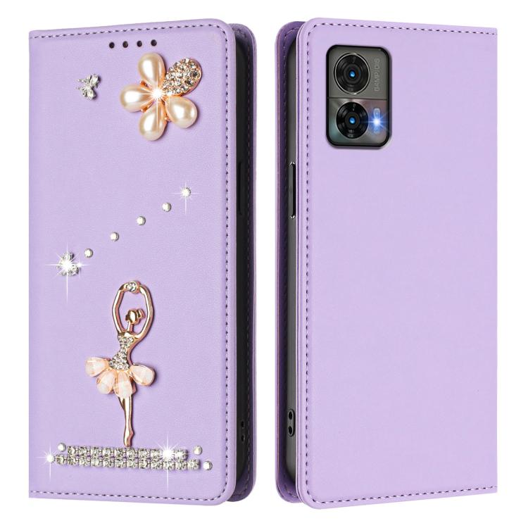 For Motorola Edge 30 Neo Ballet Girl Diamond Studded RFID Vegan Leather Phone Case