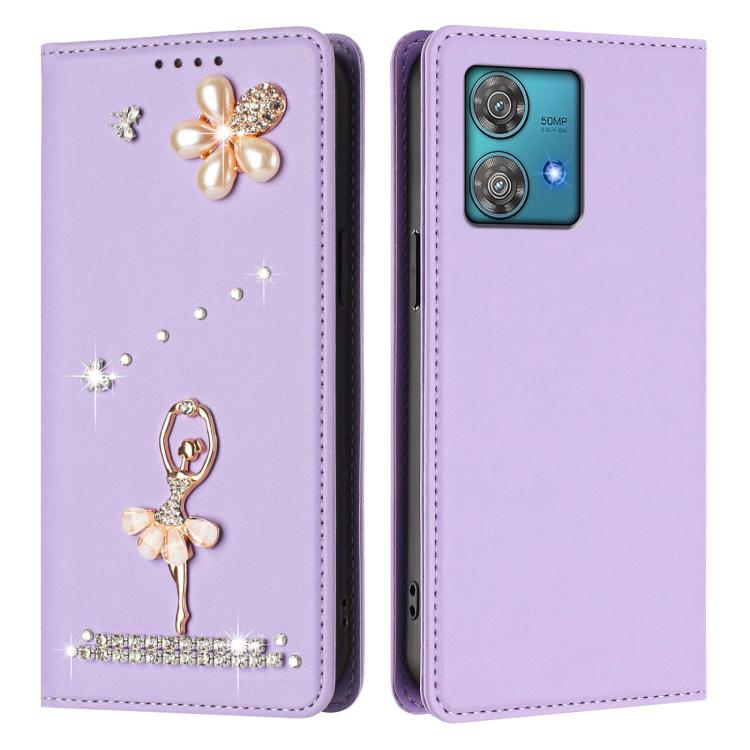 For Motorola Edge 40 Neo 5G Ballet Girl Diamond Studded RFID Vegan Leather Phone Case