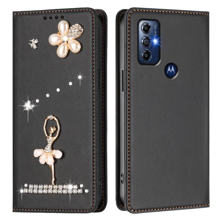 For Motorola Moto G Play 2023 Ballet Girl Diamond Studded RFID Vegan Leather Phone Case