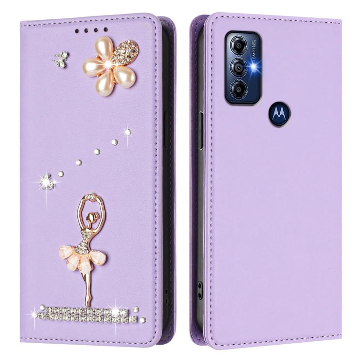 For Motorola Moto G Play 2023 Ballet Girl Diamond Studded RFID Vegan Leather Phone Case