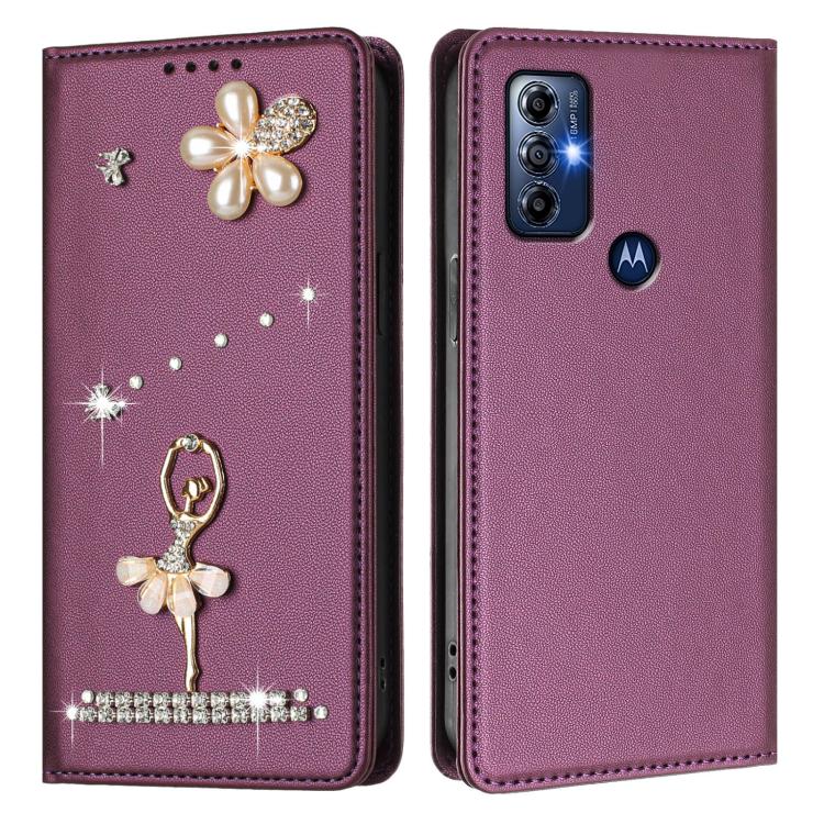 For Motorola Moto G Play 2023 Ballet Girl Diamond Studded RFID Vegan Leather Phone Case