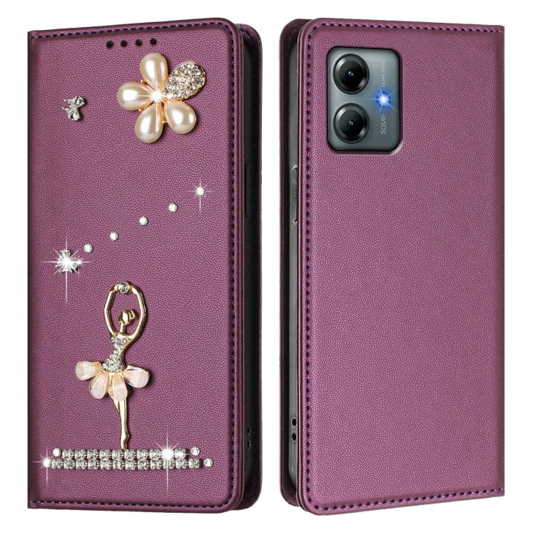 For Motorola Moto G Play 2025 Ballet Girl Diamond Studded RFID Vegan Leather Phone Case